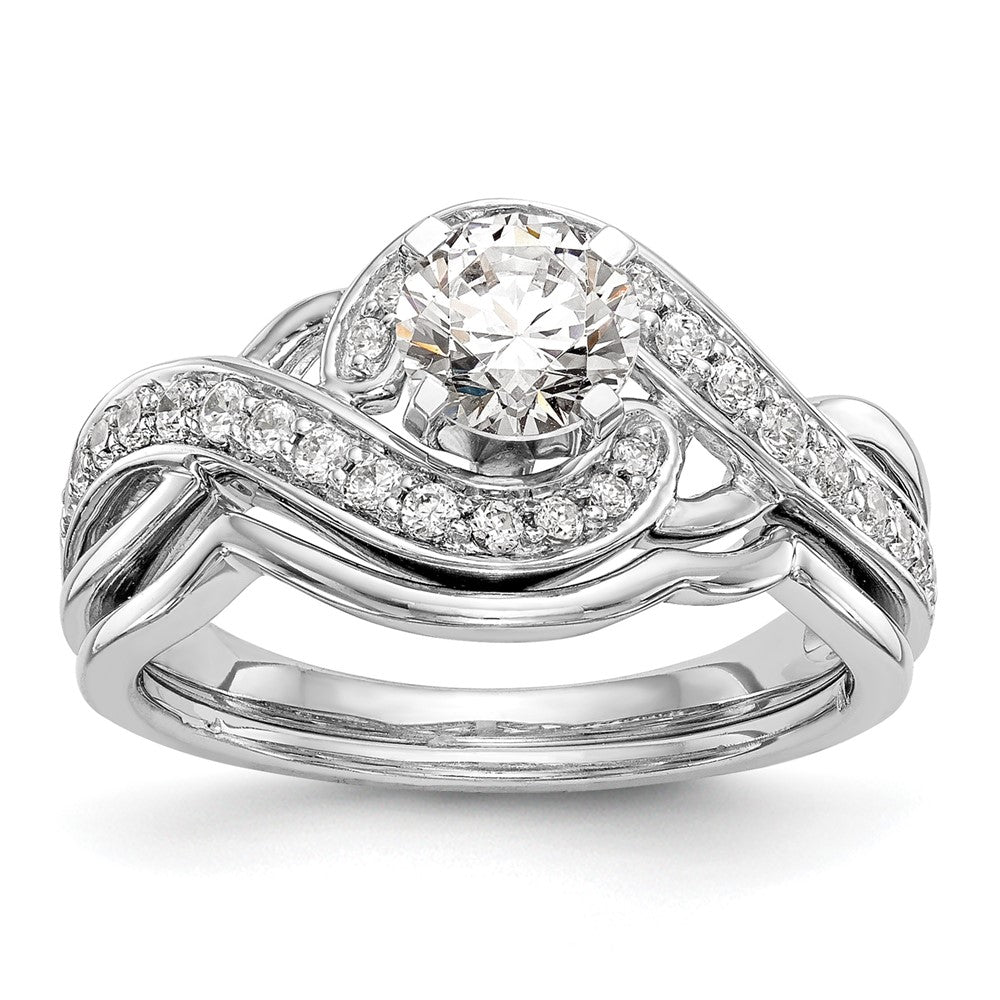 14k White Gold Peg Set Simulated Diamond Criss Cross Engagement Ring