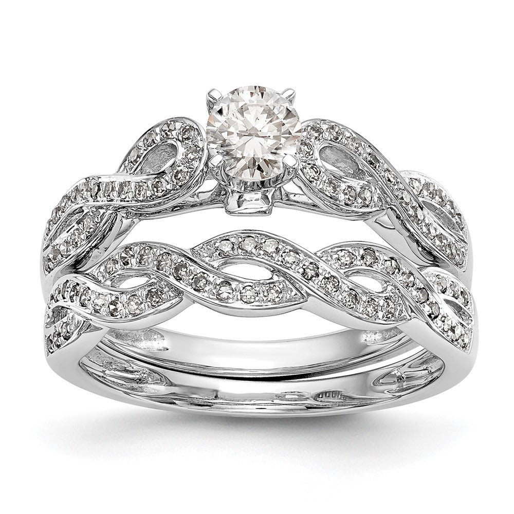 14k White Gold Peg Set Simulated Diamond Criss Cross Engagement Ring