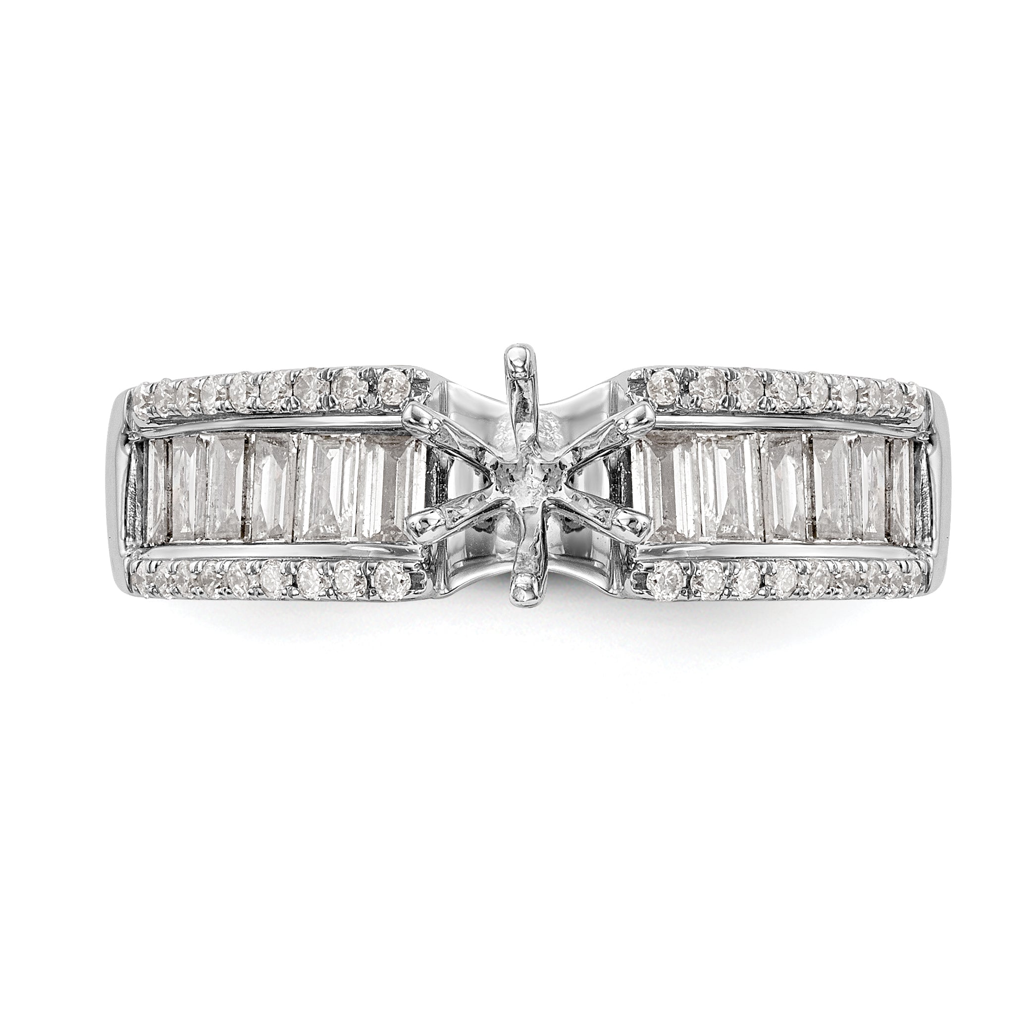 14K White Gold Peg Set 3/4 Carat Round/Baguette Diamond Semi Mount Engagement Ring