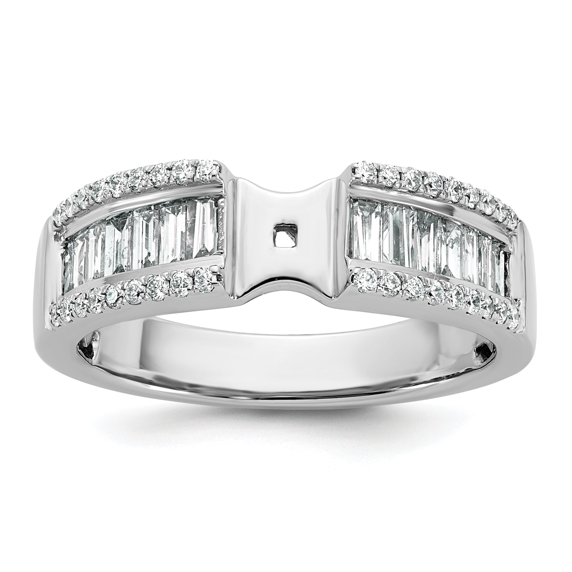 14K White Gold Peg Set 3/4 Carat Round/Baguette Diamond Semi Mount Engagement Ring