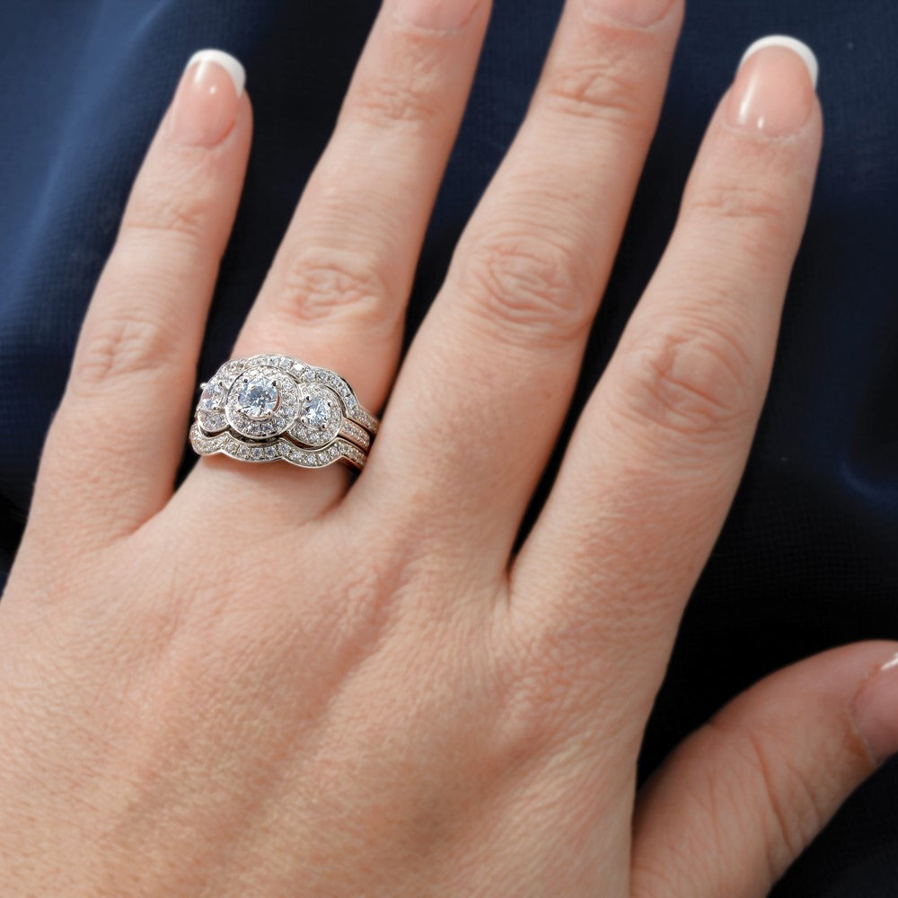 14K White Gold 3 Stone Simulated Diamond Engagement Ring