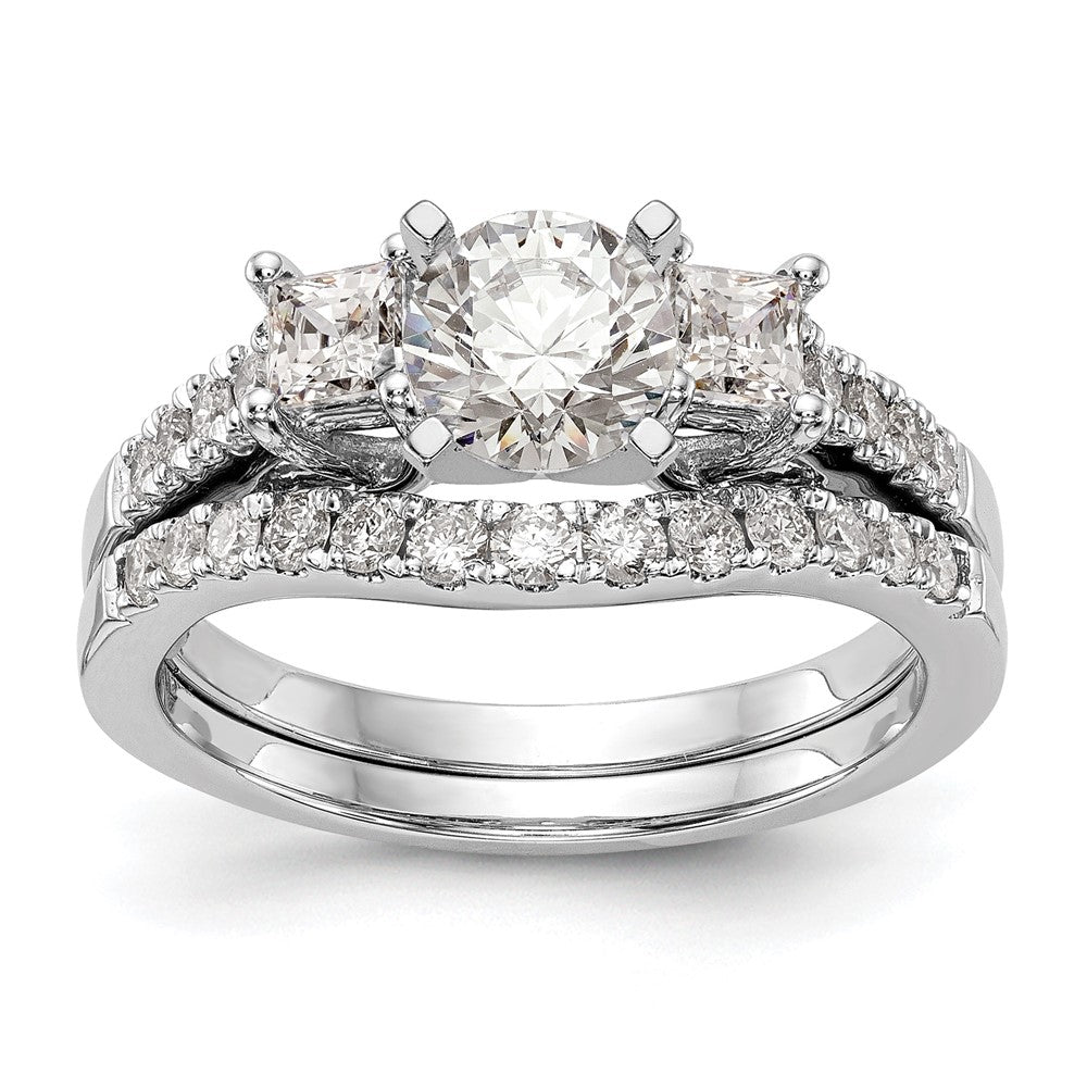 14K White Gold 3 Stone Plus Peg Set Center Princess Diamond Semi Mount Engagement Ring
