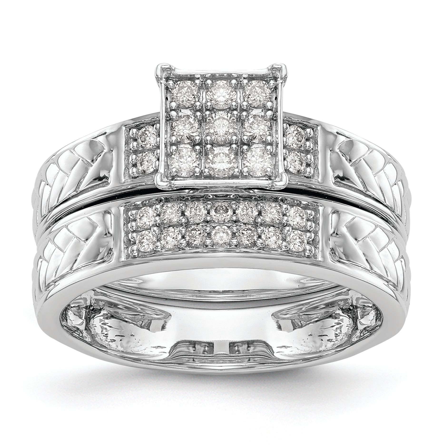 10K White Gold Square Cluster 1/6 Carat Diamond Trio Complete Engagement Ring