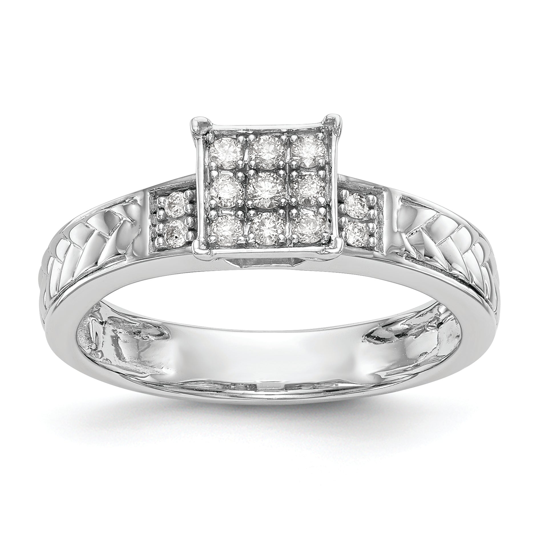 10K White Gold Square Cluster 1/6 Carat Diamond Trio Complete Engagement Ring
