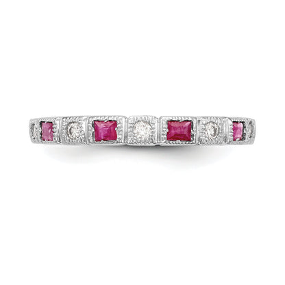 14K White Gold 1/10 Carat Diamond And Ruby Complete Band
