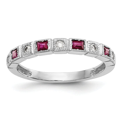 14K White Gold 1/10 Carat Diamond And Ruby Complete Band