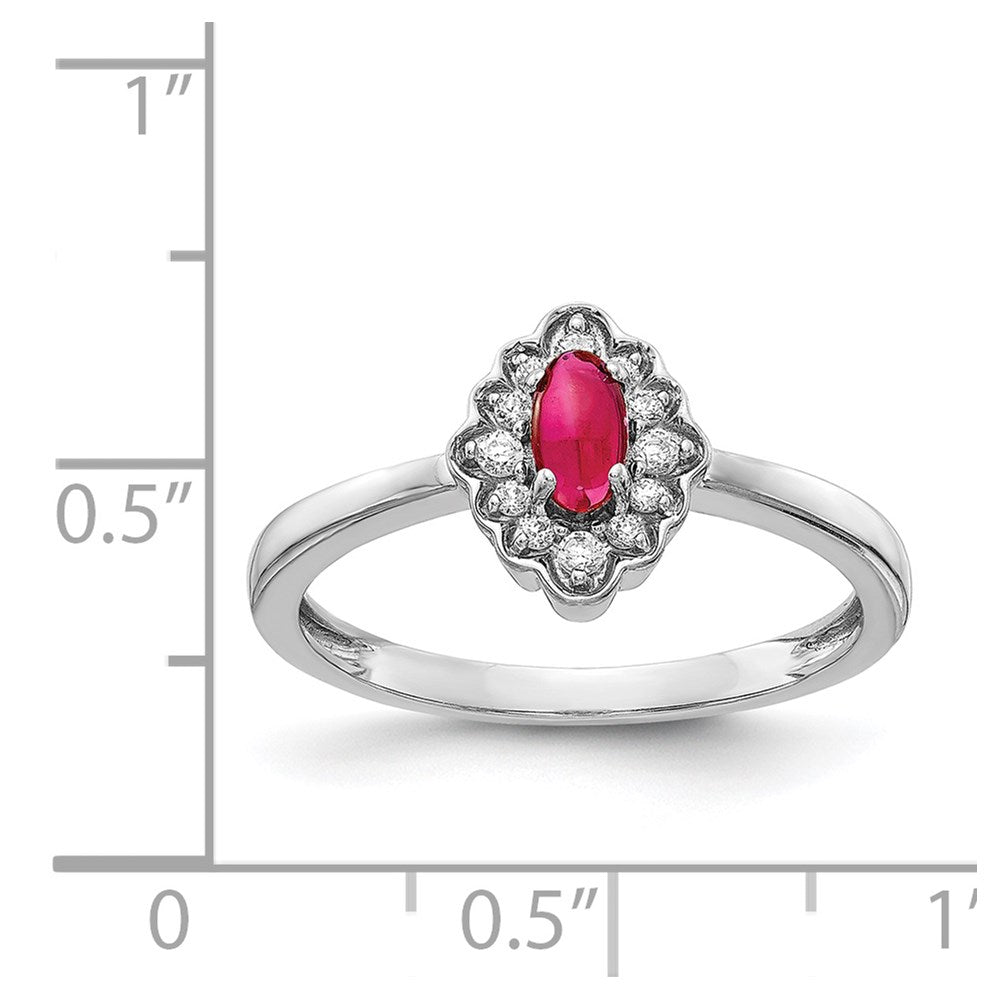 14k White Gold Real Diamond and Oval Cabochon Ruby Ring