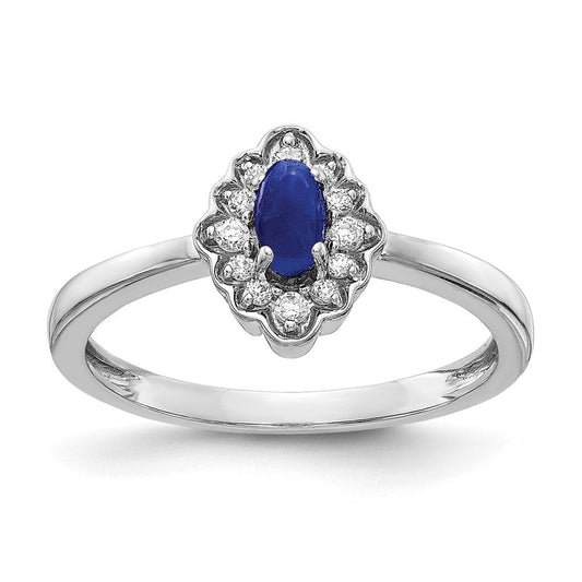 14k White Gold Real Diamond and Oval Cabochon Sapphire Ring