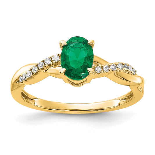 10K Yellow Gold Oval Created Emerald And Diamond Ring