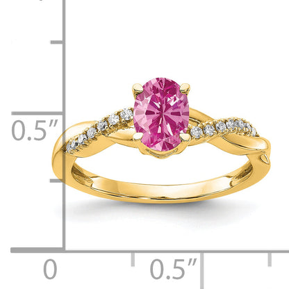10K Yellow Gold Oval Created Pink Sapphire And Diamond Ring