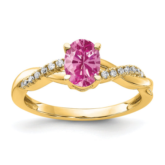 10K Yellow Gold Oval Created Pink Sapphire And Diamond Ring