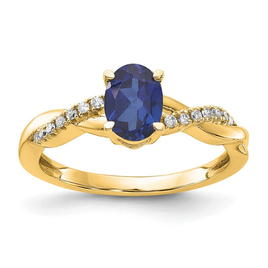 10K Yellow Gold Oval Created Sapphire And Diamond Ring