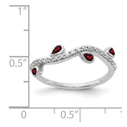 14k White Gold Real Diamond and Pear Garnet Curved Ring