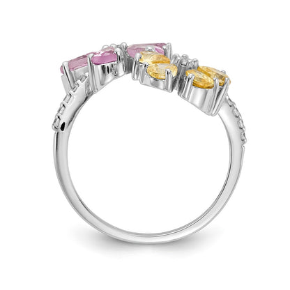 Solid 14k White Gold Simulated CZ and Citrine/Pink Tourmaline Flower Ring
