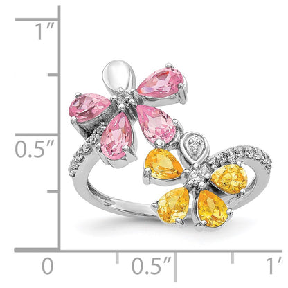 Solid 14k White Gold Simulated CZ and Citrine/Pink Tourmaline Flower Ring