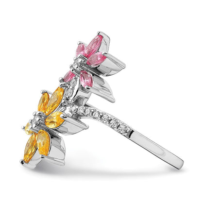 Solid 14k White Gold Simulated CZ and Citrine/Pink Tourmaline Flower Ring