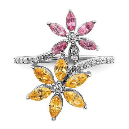 Solid 14k White Gold Simulated CZ and Citrine/Pink Tourmaline Flower Ring