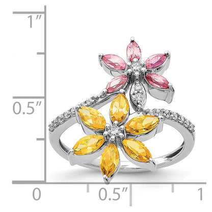 Solid 14k White Gold Simulated CZ and Citrine/Pink Tourmaline Flower Ring