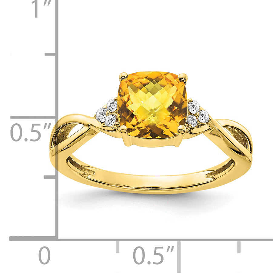 10K Yellow Gold Checkerboard Citrine And Diamond Ring