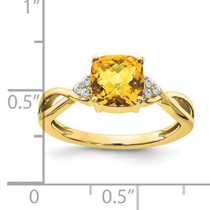 10K Yellow Gold Checkerboard Citrine And Diamond Ring