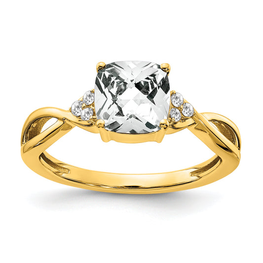 10K Yellow Gold Checkerboard White Topaz And Diamond Ring