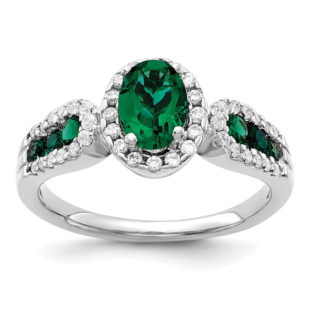 10k White Gold 1/3 Ct. Lab Grown Diamond VS/SI+ G+ and Oval Lab Created Emerald Ring
