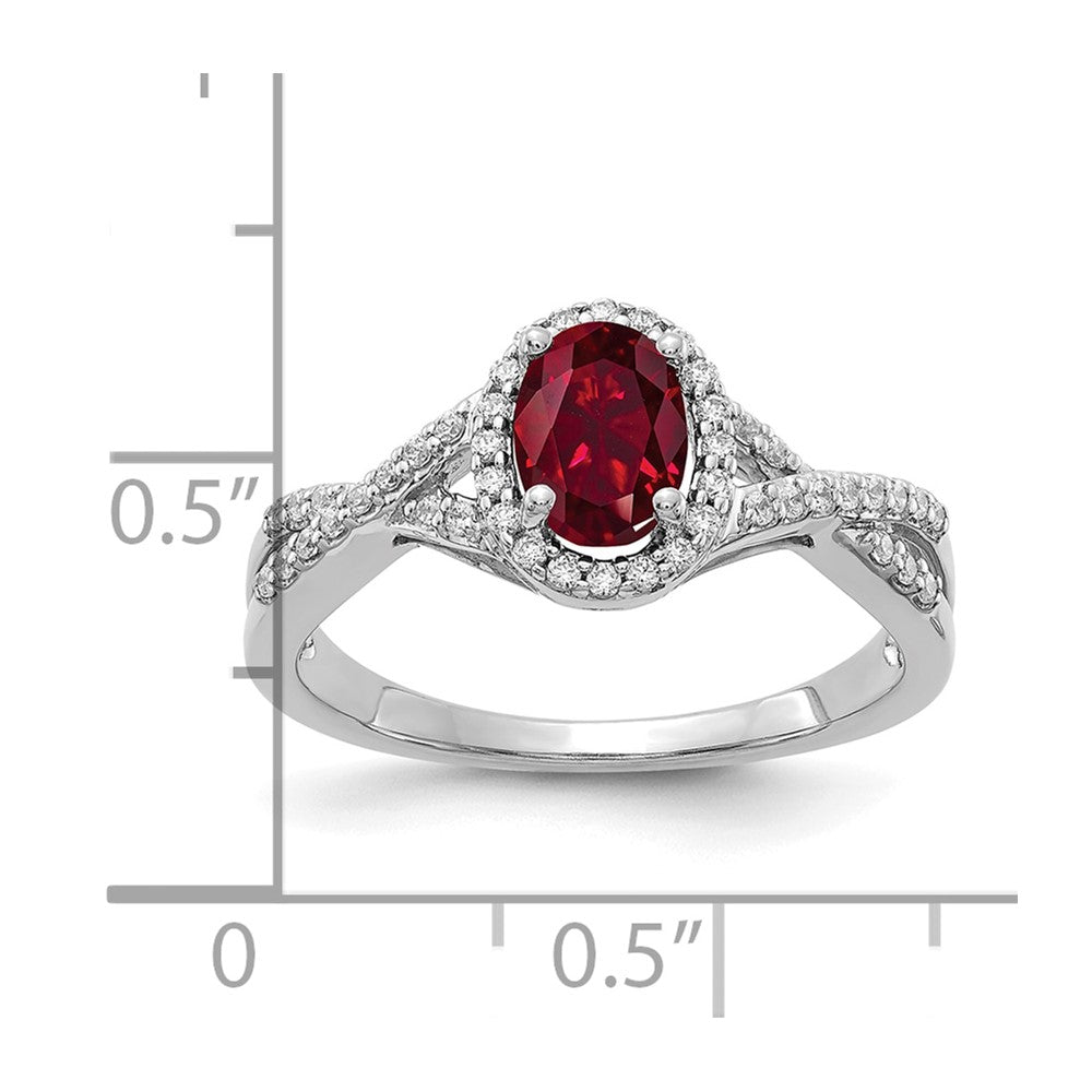 14k White Gold 1/5 Ct. Lab Grown Diamond VS/SI+ G+ and Lab Created Ruby Oval Halo Ring