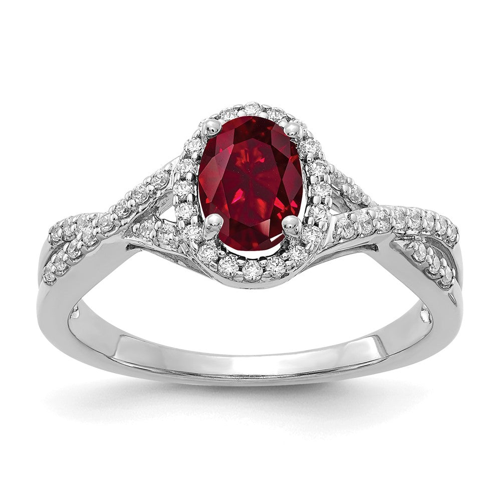 14k White Gold 1/5 Ct. Lab Grown Diamond VS/SI+ G+ and Lab Created Ruby Oval Halo Ring