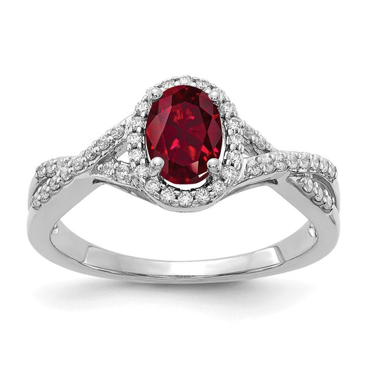 14k White Gold 1/5 Ct. Lab Grown Diamond VS/SI+ G+ and Lab Created Ruby Oval Halo Ring
