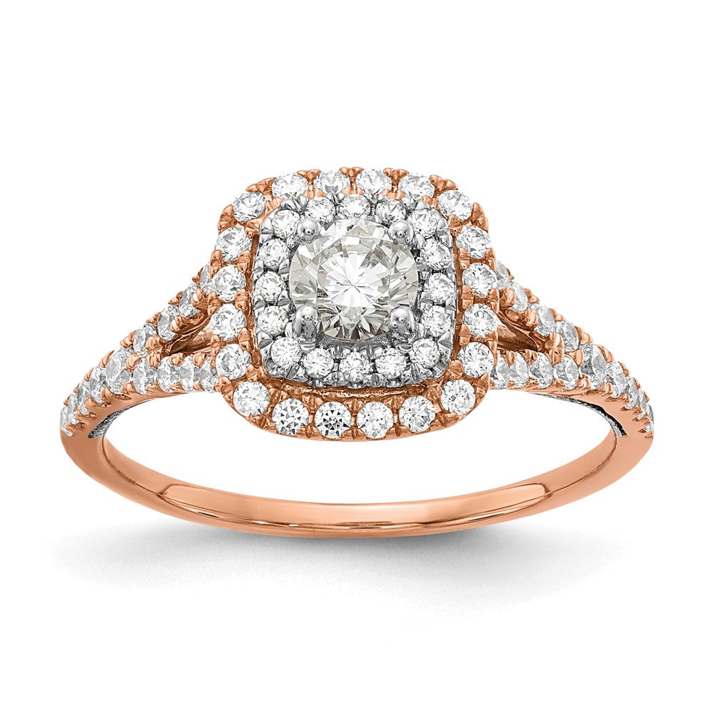 14K Two Tone Rose And White Gold Double Halo (Holds 1/3 Carat (4.5mm) Round Center) 1/2 Diamond Semi Mount Engagement Ring