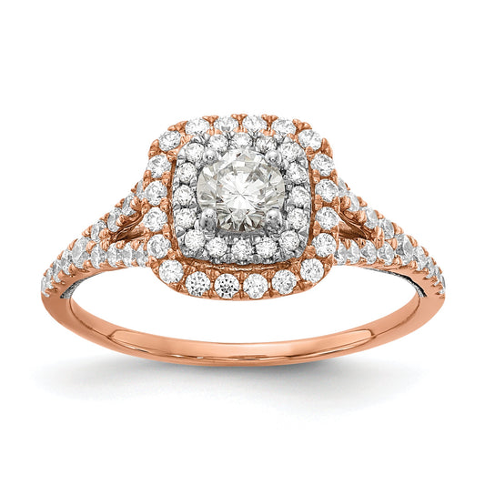 14K Two Tone Rose And White Gold Double Halo (Holds 1/3 Carat (4.5mm) Round Center) 1/2 Diamond Semi Mount Engagement Ring