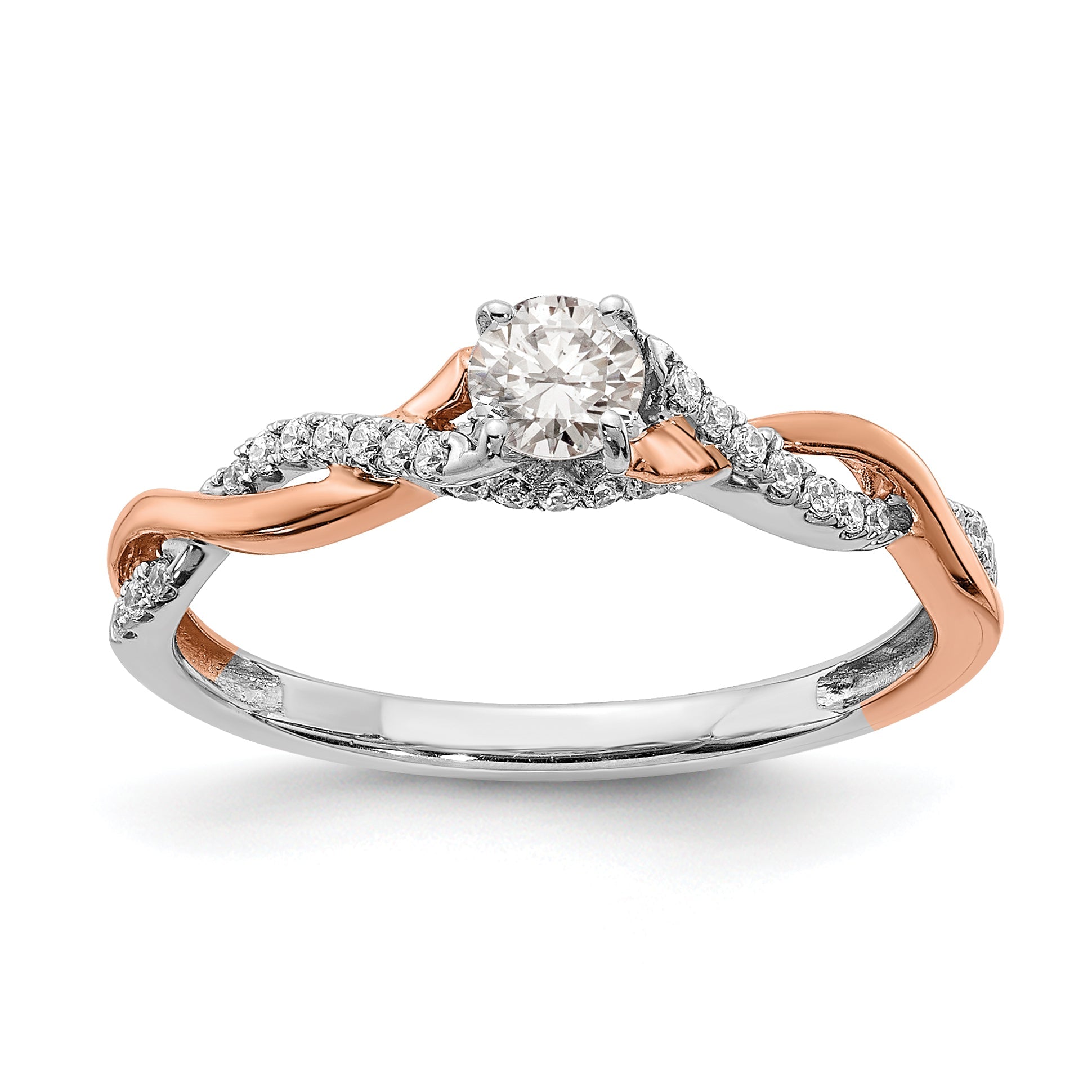 14K Two Tone White And Rose Gold Criss Cross (Holds 1/4 Carat (4.1mm) Round Center) 1/8 Diamond Semi Mount Engagement Ring