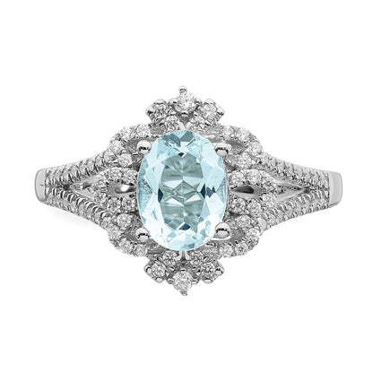 Solid 14k White Gold Simulated Aquamarine Vintage CZ Halo Complete Engagement Ring