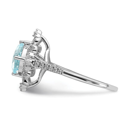 Solid 14k White Gold Simulated Aquamarine Vintage CZ Halo Complete Engagement Ring