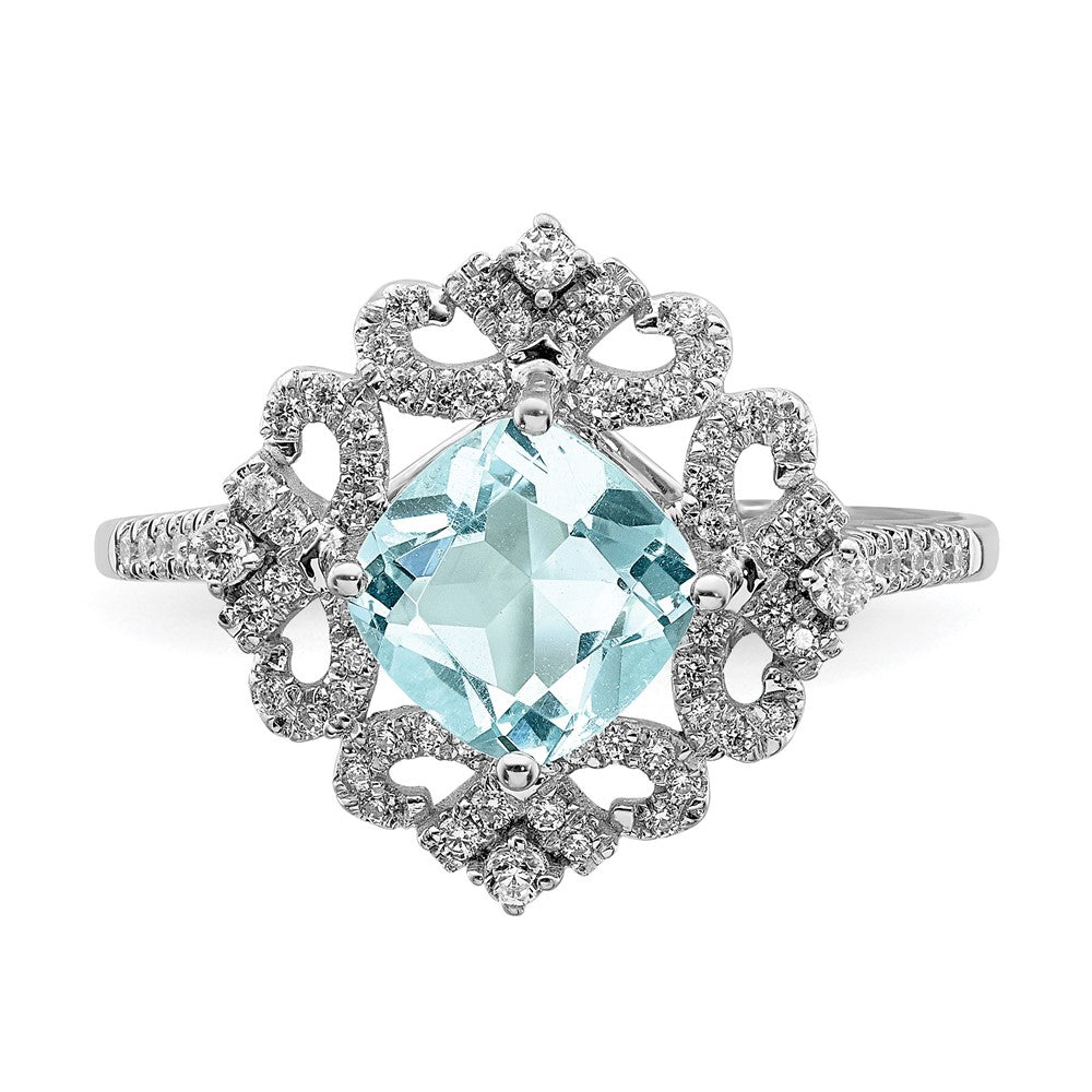 Solid 14k White Gold Simulated Aquamarine Vintage CZ Halo Complete Engagement Ring
