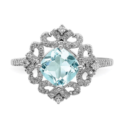 Solid 14k White Gold Simulated Aquamarine Vintage CZ Halo Complete Engagement Ring