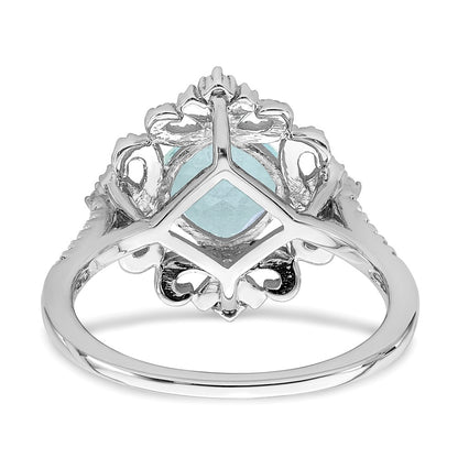 Solid 14k White Gold Simulated Aquamarine Vintage CZ Halo Complete Engagement Ring