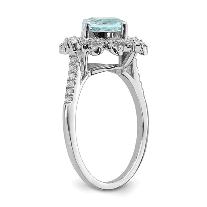 Solid 14k White Gold Simulated Aquamarine Vintage CZ Halo Complete Engagement Ring