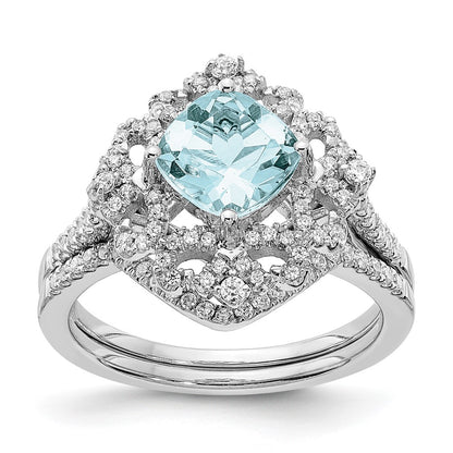 Solid 14k White Gold Simulated Aquamarine Vintage CZ Halo Complete Engagement Ring