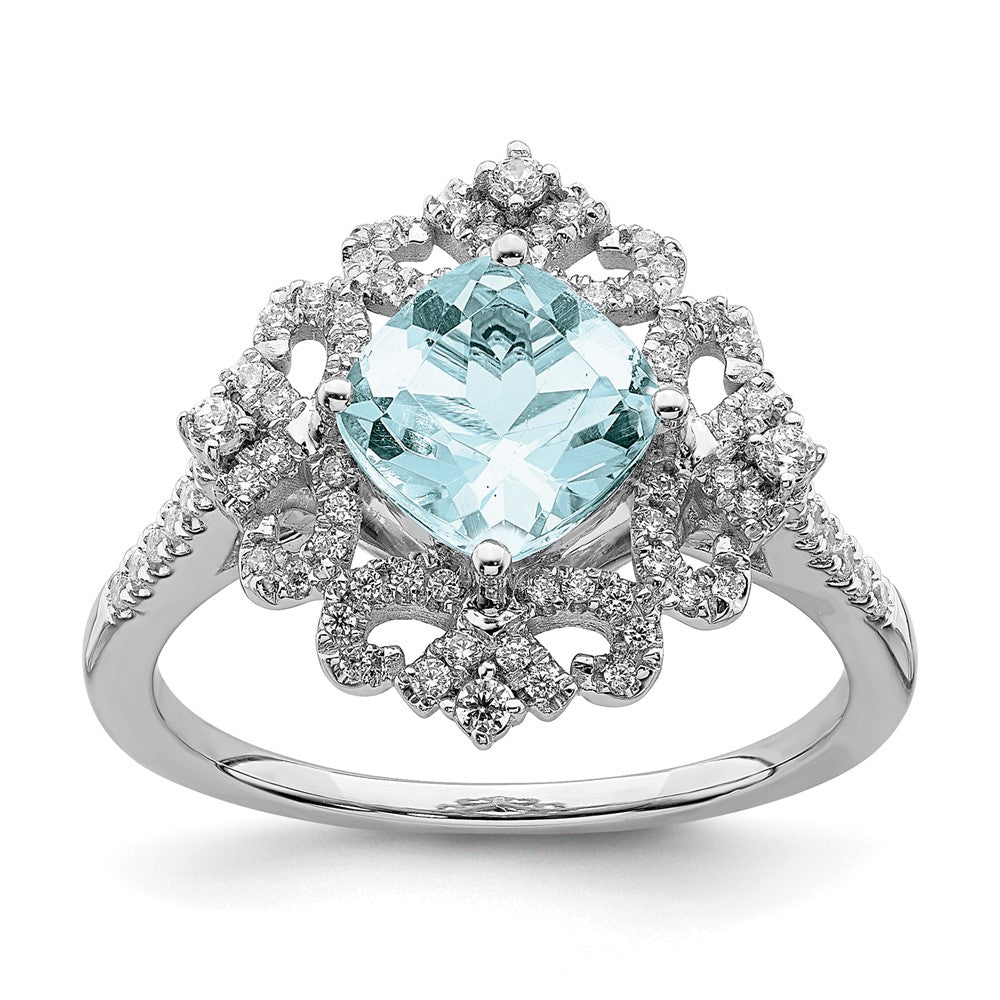 Solid 14k White Gold Simulated Aquamarine Vintage CZ Halo Complete Engagement Ring