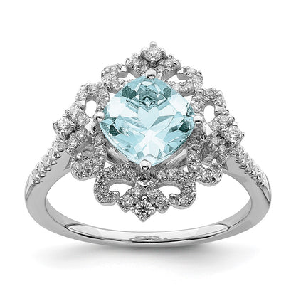 Solid 14k White Gold Simulated Aquamarine Vintage CZ Halo Complete Engagement Ring
