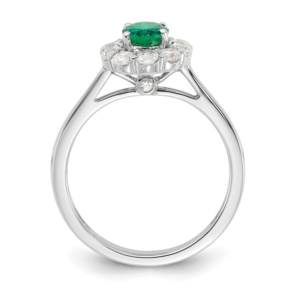 10k White Gold 5/8 Ct. Lab Grown Diamond VS/SI+ G+ and Oval Lab Created Emerald Halo Fashion Ring