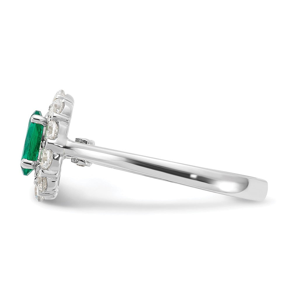 10k White Gold 5/8 Ct. Lab Grown Diamond VS/SI+ G+ and Oval Lab Created Emerald Halo Fashion Ring