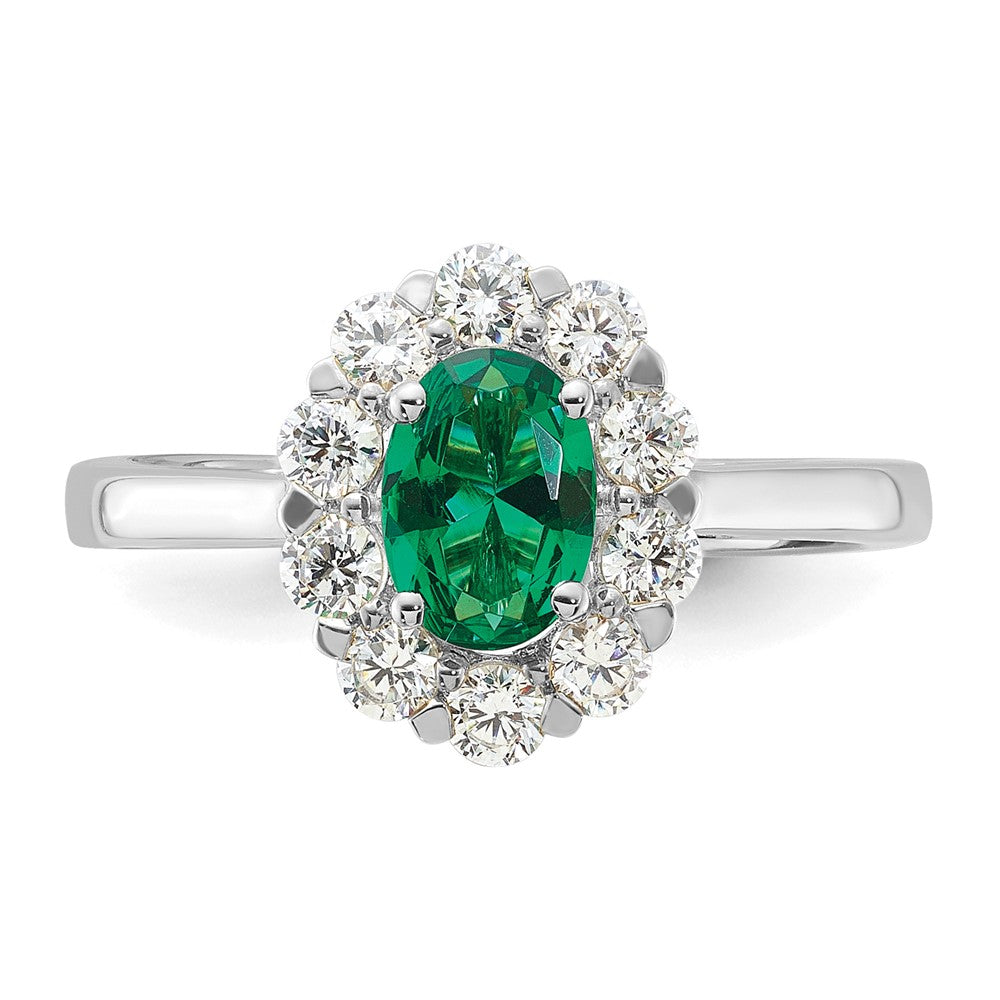 10k White Gold 5/8 Ct. Lab Grown Diamond VS/SI+ G+ and Oval Lab Created Emerald Halo Fashion Ring