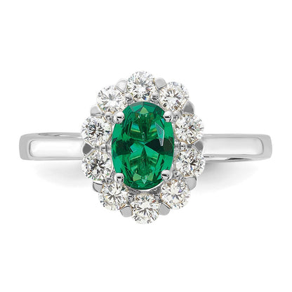 10k White Gold 5/8 Ct. Lab Grown Diamond VS/SI+ G+ and Oval Lab Created Emerald Halo Fashion Ring