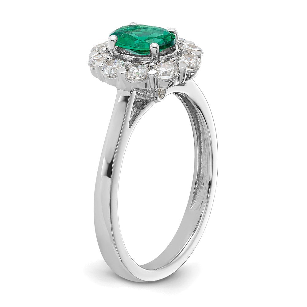 10k White Gold 5/8 Ct. Lab Grown Diamond VS/SI+ G+ and Oval Lab Created Emerald Halo Fashion Ring