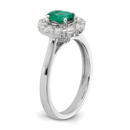 10k White Gold 5/8 Ct. Lab Grown Diamond VS/SI+ G+ and Oval Lab Created Emerald Halo Fashion Ring
