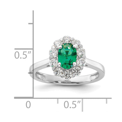 10k White Gold 5/8 Ct. Lab Grown Diamond VS/SI+ G+ and Oval Lab Created Emerald Halo Fashion Ring