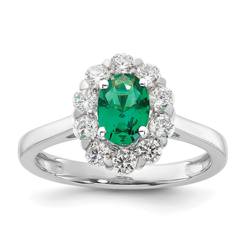 10k White Gold 5/8 Ct. Lab Grown Diamond VS/SI+ G+ and Oval Lab Created Emerald Halo Fashion Ring