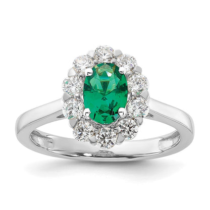10k White Gold 5/8 Ct. Lab Grown Diamond VS/SI+ G+ and Oval Lab Created Emerald Halo Fashion Ring